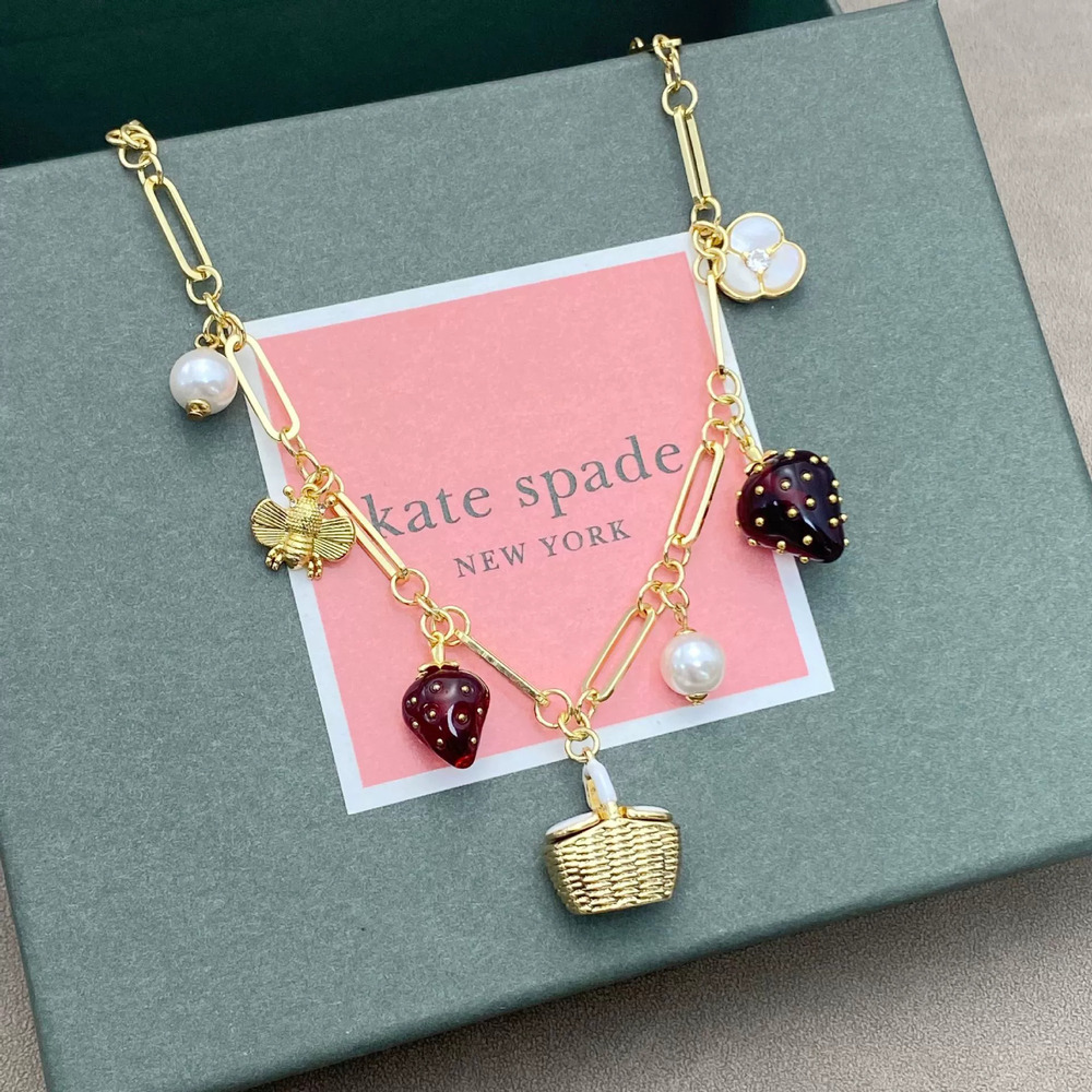 kate spade Strawberry Flower Bee Pearl Basket Multi Drop Metal Necklace